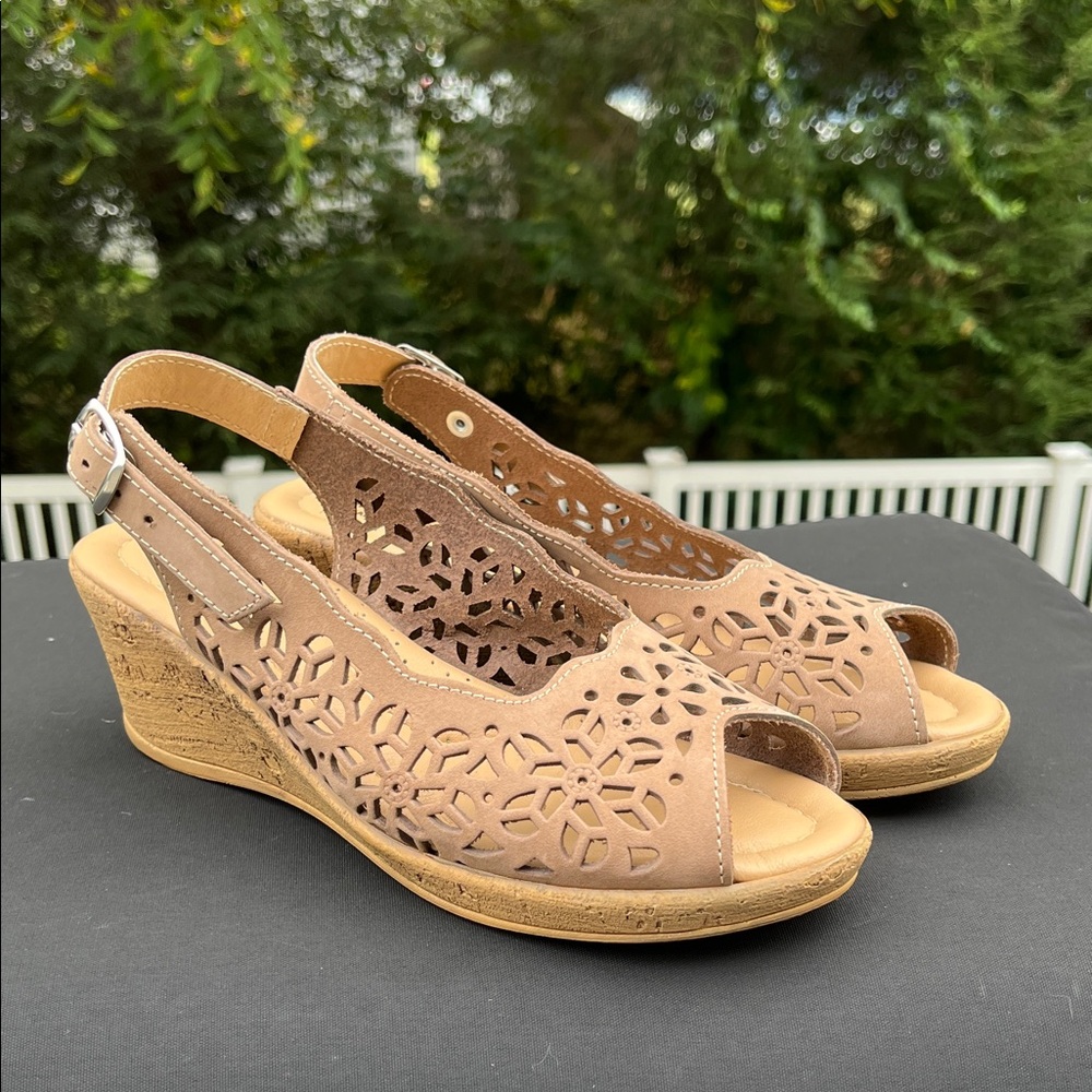 Spring Step Tan Cutout Wedge Sandals